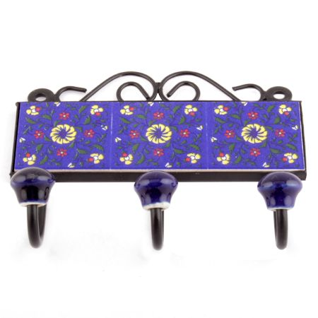 Navy Blue Yellow Wheel Floral Tiles Hooks